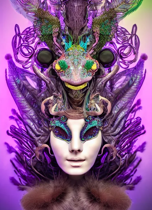 Image similar to 3 d goddess medium shot half - turn portrait with futuristic rococo mycorrhizal fungal implants. beautiful intricately detailed avante garde chameleon mask and alchemical feather and fur sorceress outfit. bioluminescent highlights, polyphony, pulse projections, plasma, creature, artwork by tooth wu and wlop and android jones and beetle and greg rutkowsk