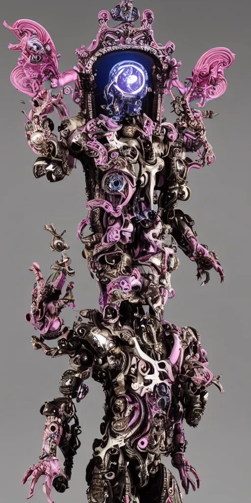 Image similar to full-body baroque and cyberpunk style porcelain sculpture of a young seductive Hispanic prince half android with a chest exposing a glowing gemstone battery, glowing pink seductive laser eyes, crown of blue gears and diamonds, swirling salmon-colored silk fabric, robotic raptors dinosaurs. baroque elements. full-length view. intricate artwork by caravaggio. art by Artgerm and Greg Rutkowski and Alphonse Mucha, Trending on artstation, cinematic industrial lighting, hyper realism, octane render, 8k, depth of field, 3D