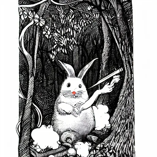 Image similar to a pen and ink drawing of a white rabbit smoking a cigarette while reclining in a deep dark tangled forest, a lingering smoke cloud, childrens book illustration, by edward gorey, by gustav dore