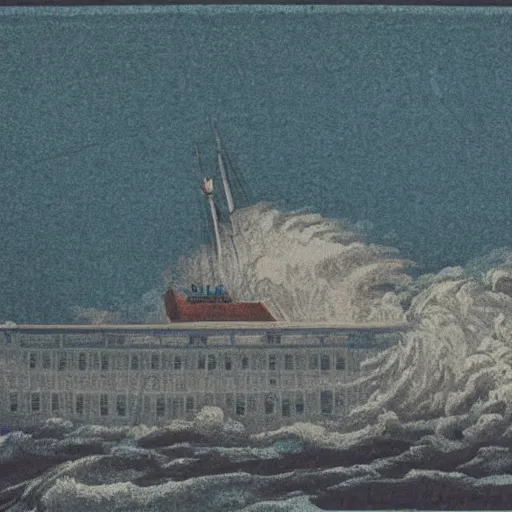 Image similar to a risograph of a ship during huge storm