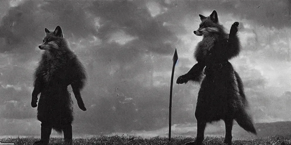 Image similar to anthropomorphic fox who is a medieval knight standing sternly in the middle of a huge thunderstorm 1 9 3 0 s film still, ladislas starevich