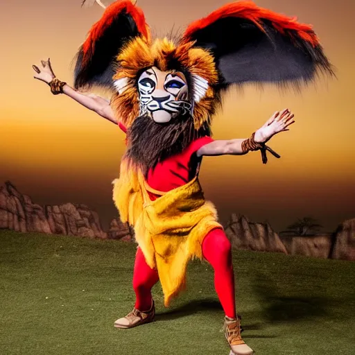 Prompt: mad mascot costumes in the lion king stage show at disneyland, covered outdoor stage, theatrical lighting, iphone video