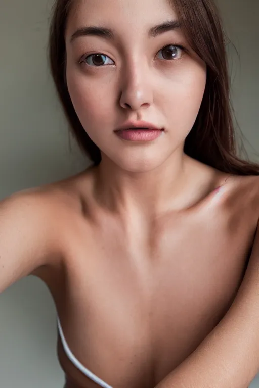 Image similar to 2 4 year old female wearing white v - neck top, neck zoomed in from lips down, photo realistic, extreme detail skin, no filter, slr, golden hour, 4 k, high definition, photograph, selfie