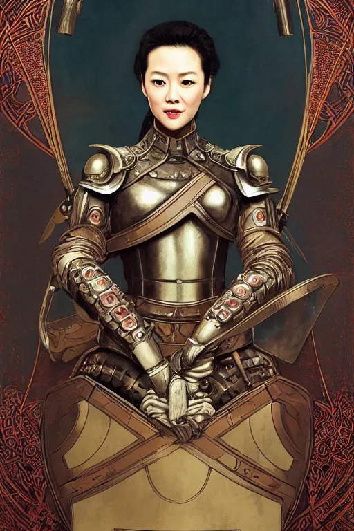 Image similar to head and shoulders portrait of zhang ziyi in armour, by eve ventrue, michael carson, andreas rochas, john watkiss, casey weldon, artgerm. art nouveau. tarot card by mucha. gloomhaven. swirly intricate linework background. gaudy colors, sharp edges. octane render