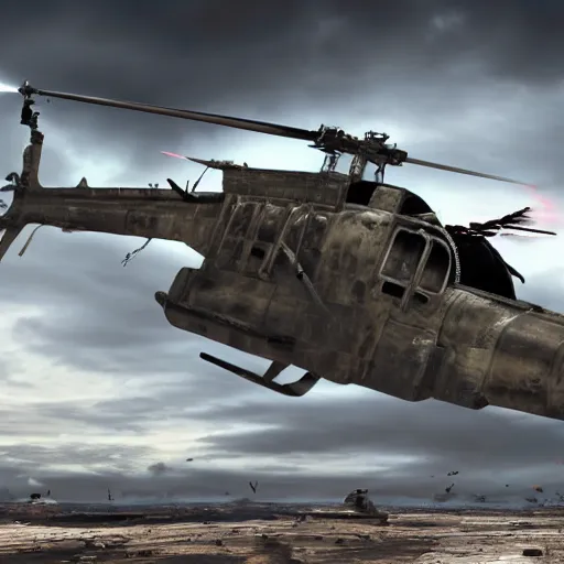 Prompt: A photo of a helicopter destroyed by machine gun fire, highly detailed, 4k