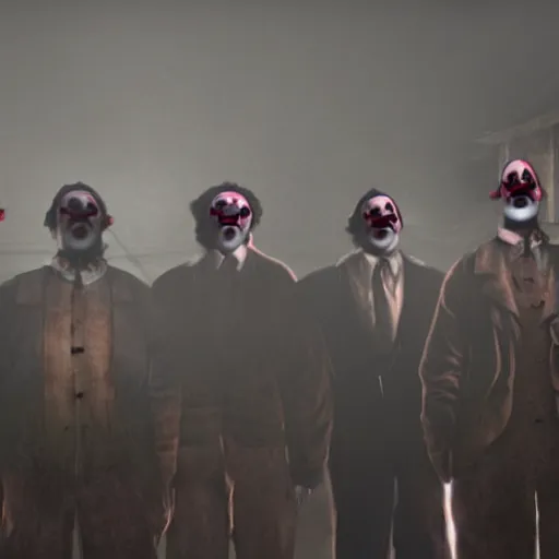 Prompt: a group of men dressed as clowns standing around a tv screen in a dark foggy alley in silent hill