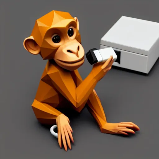 Image similar to an isometric cute 3 d low - poly render of a monkey playing with a sony walkman, soft lighting, unreal engine 5