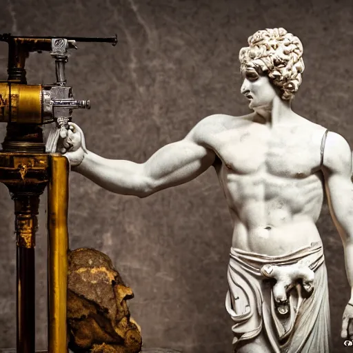 Prompt: a greek marble statue with a marble machine gun strapped around his shoulder, museum background, studio lighting, high detail, bokeh, 4K