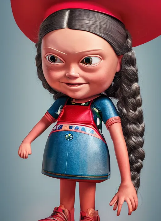 Image similar to closeup portrait of a tin toy greta thunberg, depth of field, zeiss lens, detailed, symmetrical, centered, fashion photoshoot, by nicoletta ceccoli, mark ryden, lostfish, earl nore, hyung tae, frank frazetta, breathtaking, 8 k resolution, extremely detailed, beautiful, establishing shot, artistic, hyperrealistic, octane render