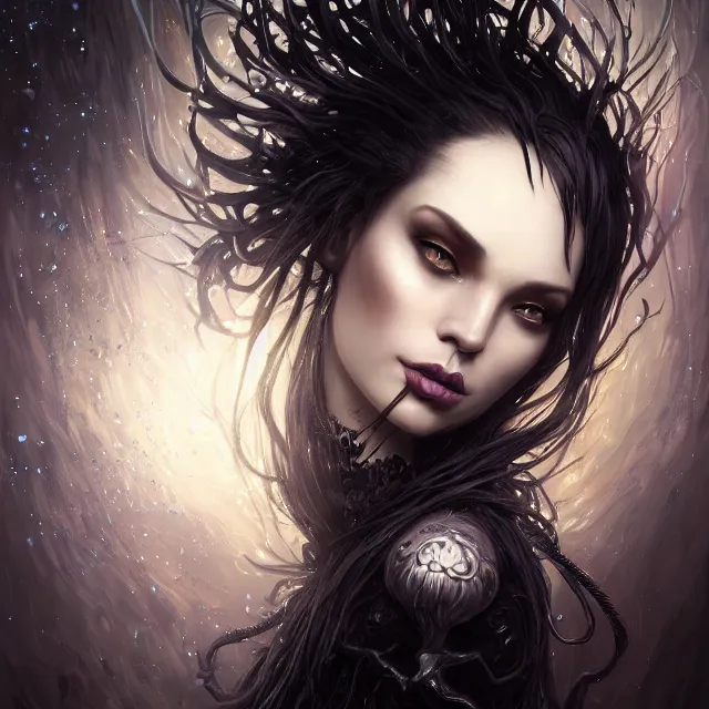 Prompt: detailed portrait of dark fantasy witch, black background!!! symmetry, highly detailed, 4 k digital painting, detailed skin, iridescence reflecting, crystal particles, magical, raytracing, plasma, subsurface scattering, artistic, concept art by artgerm, greg rutkowski, alphonse mucha, artstation render,