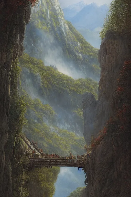 Image similar to beautiful detailed matte painting of Rivendell at the gorge, evening, Alan Lee, Artstation