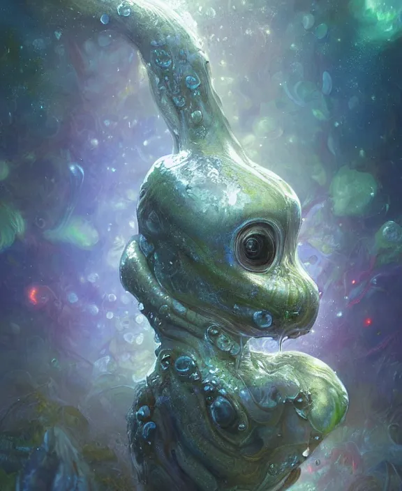 Image similar to portrait of a wet slimy alien fungus creature, adorable, childlike, milky way environment, ultra realistic, concept art, psychedelic, photorealistic, octane render, 8 k, unreal engine. art by christopher marley and artgerm and greg rutkowski and alphonse mucha