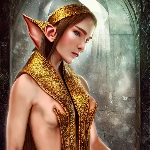 Image similar to beautiful elf with ornate robes, highly detailed, 4k, HDR, smooth, sharp focus, hyper realistic, award-winning photo high resolution