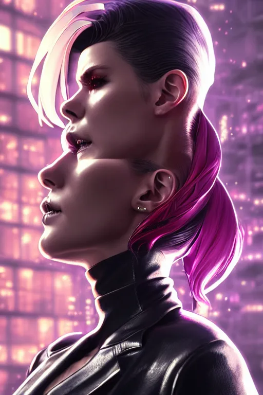 Prompt: hyperdetailed close portrait of a european woman in a leather suit with a pin in a cyberpunk city inspired by ross tran and wlop and masamune shirow and kuvshinov, concept art, intricate, photorealistic, octane render, rtx, hdr, unreal engine, dnd digital art by artgerm