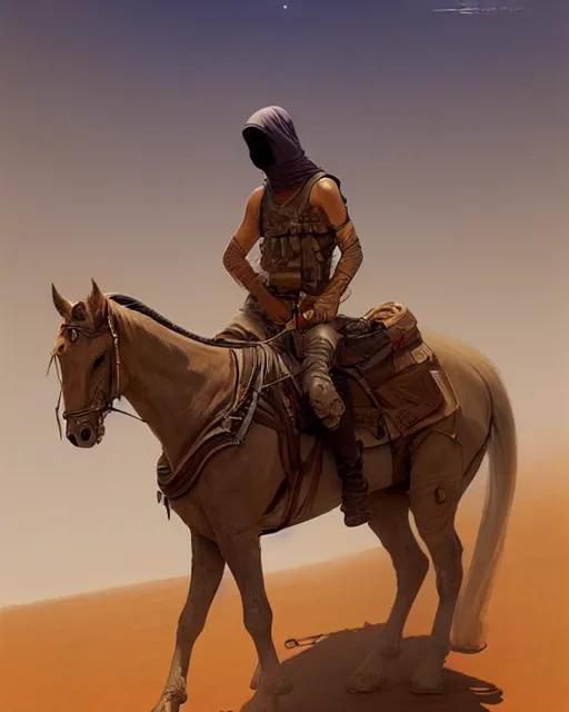 Prompt: male desert stalker, lonely rider, covered head | | realistic shaded, fine details, realistic shaded lighting poster by greg rutkowski, diego gisbert llorens, magali villeneuve, artgerm, jeremy lipkin and rob rey