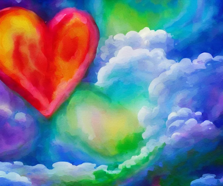 Image similar to heart - shaped clouds, water painting, colorful