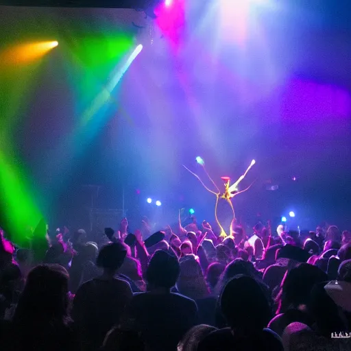 Prompt: Barney the Dinosaur leads a modern worship service, backlit, dramatic stage lighting, fog, neon cross