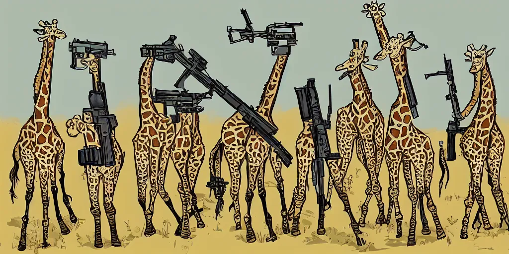 Prompt: giraffe army, guns and ammo, illustration, cartoon