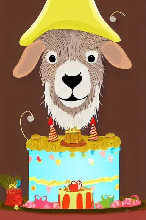 Prompt: an elderly goat with a long white beard, sitting in front of a birthday cake, in the style of a children's book illustration, cute, highly detailed digital art