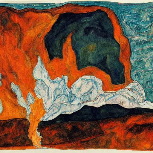 Image similar to painting of an erupting volcano in the style of egon schiele