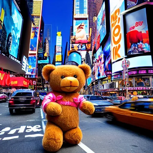 Prompt: New York City with a teddy bear wearing a crown from burger king eating a whopper time square, retro futuristic