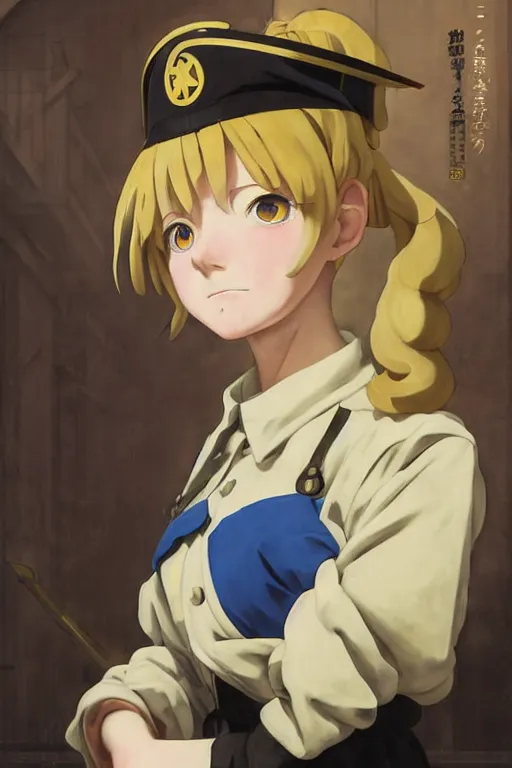 Image similar to baroque oil painting of propaganda poster anime key visual full body portrait of anime maid nazi military ss uniform, blond hair, blue eyes, brutalist, dark fantasy, rule of thirds golden ratio, fake detail, trending pixiv fanbox, acrylic palette knife, style of makoto shinkai genshin impact studio ghibli jamie wyeth greg rutkowski chiho aoshima