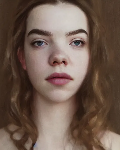 Image similar to cinematic portrait of anya taylor - joy, intricate, elegant, by alyssa monks, highly detailed, symmetrical face, fine details, masterpiece, trending on artstation