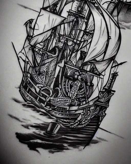 Image similar to A tattoo design on paper of a pirate ship, on paper, black and white, highly detailed tattoo, realistic tattoo, by nik lucas
