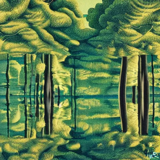 Image similar to escher painting of a lake, big trees reflecting on lake surface, ultra sharp, ultra detailed, colorized by salvador