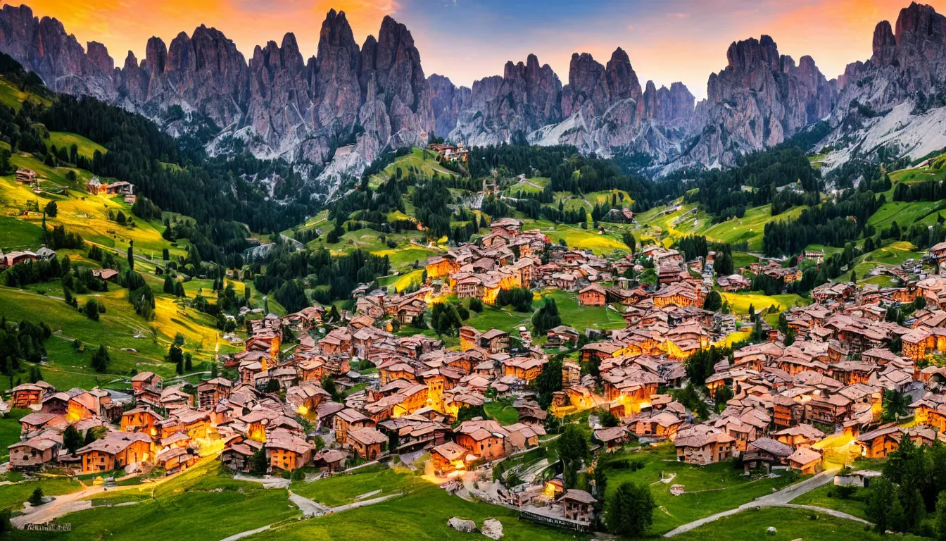 Image similar to an italian town in the dolomites mountains, sunset