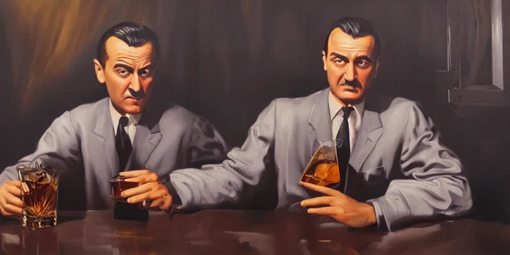 Prompt: beautiful oil matte portrait painting : in the middle of the picture : mafia boss. holding a glass of whiskey. at 5 0 s new york office desk. wonderful masterpiece. highly detailed