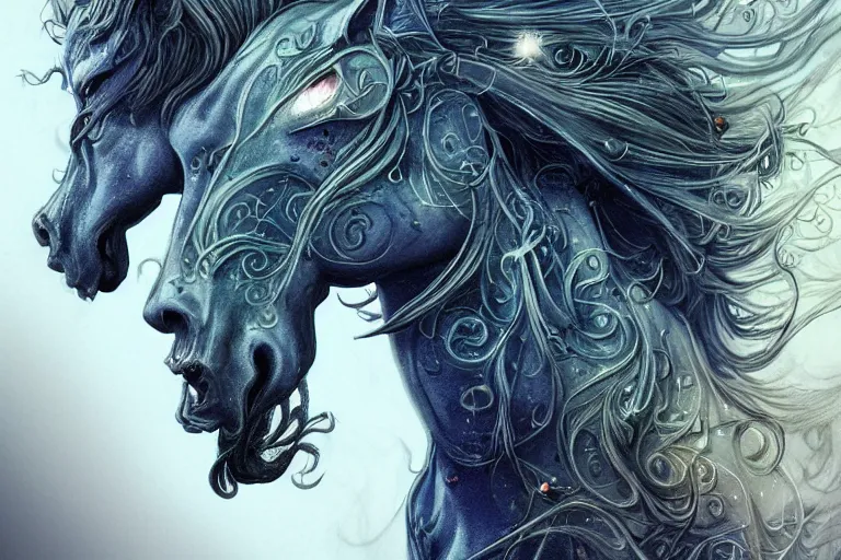 Prompt: a wlop 3 d render of very very very very highly detailed beautiful mystic portrait of a phantom undead horse with whirling galaxy around, tattoos by anton pieck, intricate, extremely detailed, digital painting, artstation, concept art, smooth, sharp focus, illustration, intimidating lighting, golden details, incredible art,