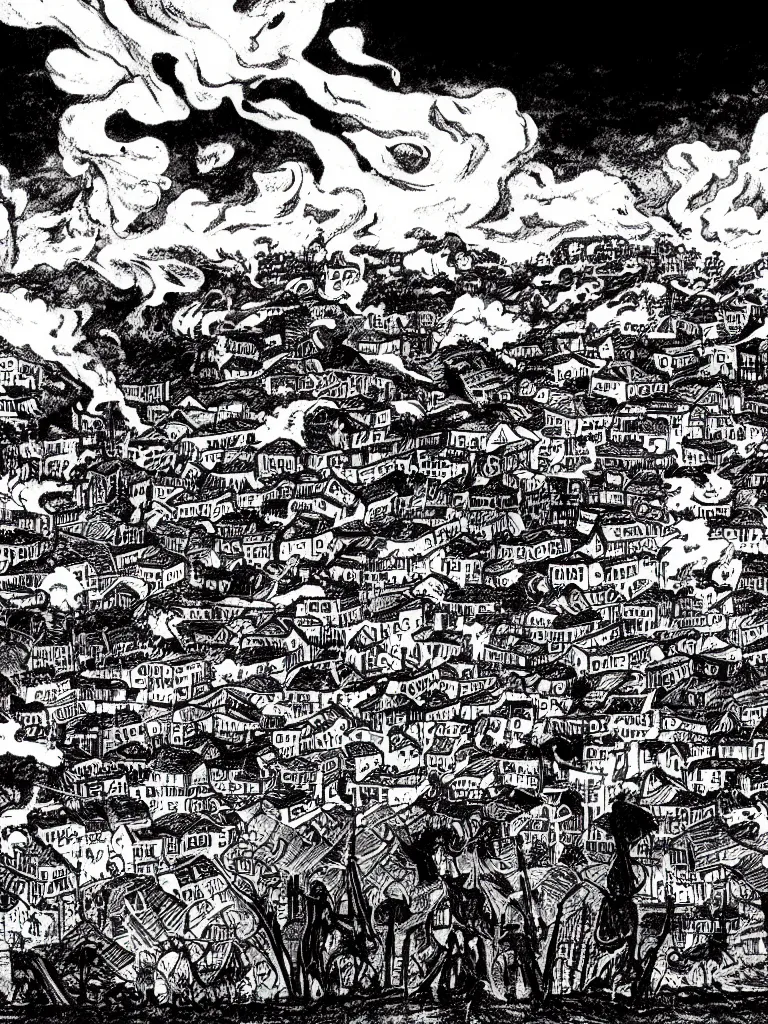 Image similar to field on fire, demons attacking humans, destroyed town in background, black and white, manga