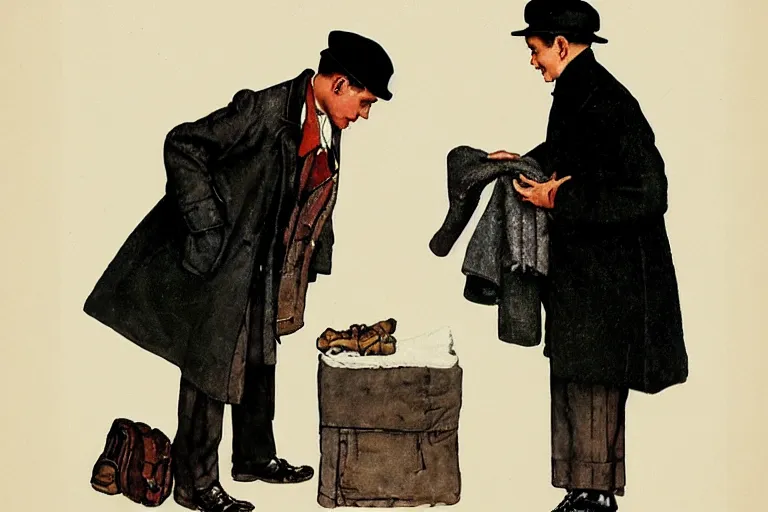 Image similar to a young man wearing a newsboy cap putting on his coat, magazine design, white background, by norman rockwell