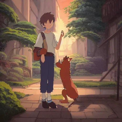 Prompt: friendly guy with small creature in the studio ghibli movie art smooth 8k highly detailed, detailed face, beautiful scene, ghibli, energetic, high quality, digital art, favourite