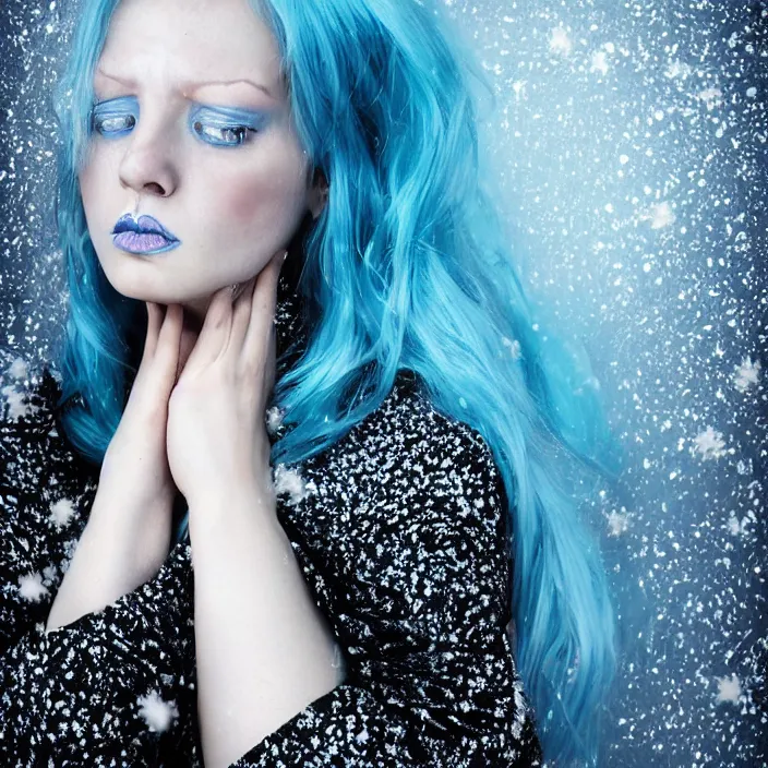 Image similar to a woman wearing a highneck dress made out of snowflakes. she is sickly looking and dying of hypothermia. very pale and blue lips. pale blue hair. full body digital portrait by maromi sagi