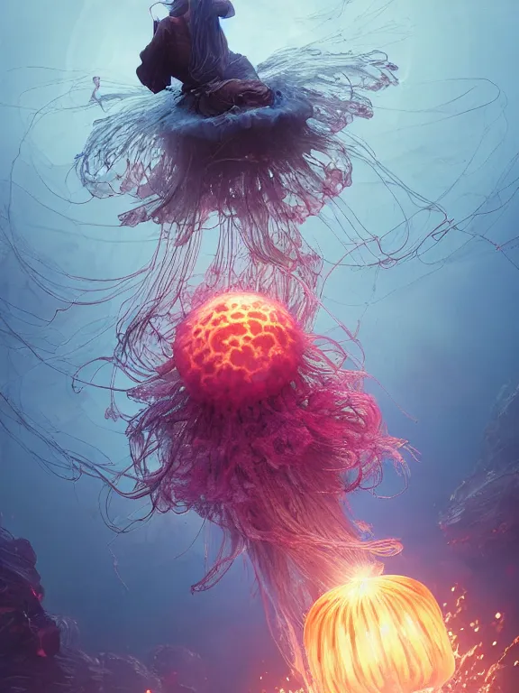 Image similar to a fancy portrait of a giant floating flower and jellyfish by Greg Rutkowski, Sung Choi, Mitchell Mohrhauser, Maciej Kuciara, Johnson Ting, Maxim Verehin, Peter Konig, Bloodborne, beeple, 8k photorealistic, cinematic lighting, HD, high details, atmospheric , trending on artstation. made in Maya, Blender and Photoshop, octane render, excellent composition, cinematic dystopian brutalist atmosphere, dynamic dramatic cinematic lighting, aesthetic, very inspirational, arthouse. y Greg Rutkowski, Ilya Kuvshinov, WLOP, Stanley Artgerm Lau, Ruan Jia and Fenghua Zhong