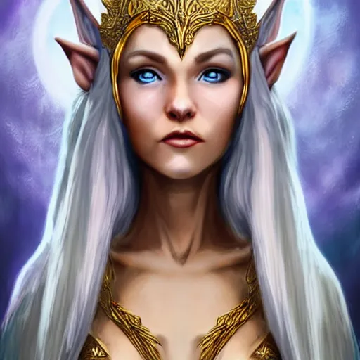 Prompt: elven queen wearing a white robe and a golden necklace, silver hair and blue eyes, art station