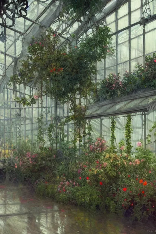 Image similar to a beautiful painting of a greenhouse, rainy, gloomy and depressed, dark, low saturation, rococo, by krenz cushart and mucha and monet, trending on artstation.