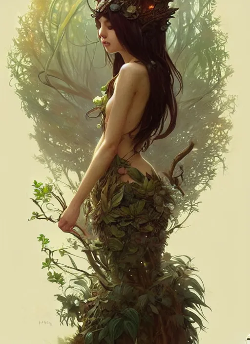 Image similar to a cute forest elemental, with fingers, fantasy, intricate, elegant, highly detailed, digital painting, artstation, concept art, wallpaper, smooth, sharp focus, illustration, art by artgerm and greg rutkowski and alphonse mucha