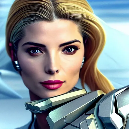 Image similar to A combination of Adriana Dxim's and Grace Kelly's and Ashley Greene's appearances with blonde hair wearing Forerunner armor from Halo, high tech, action shot, angular, full body portrait, futuristic, dramatic, fantasy, intricate, elegant, highly detailed, artstation, matte, sharp focus, 8K, art by Artgerm and Greg Rutkowski and Alphonse Mucha