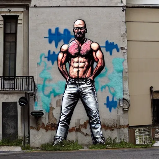 Prompt: Gigachad Muscular Walter White Flexing, Urban Graffiti Banksy, Bordalo, trending on artstation