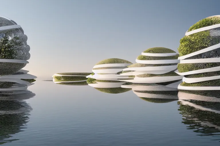 Prompt: a building composed of many multi - white spherical egg - shaped spaces. on the calm lake, people's perspective modern curved architecture, future, award winning, highly detailed 4 k art, dusk, by kazuyo sejima