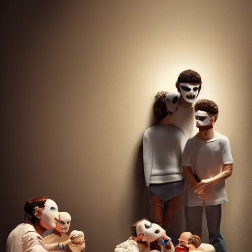 Prompt: family with actor's ceramic masks watching tv, style of henrik sahlstrom and paolo roversi, 8 k, sharp focus, soft light, volumetric lighting, highly detailed realistic, refined, artstation