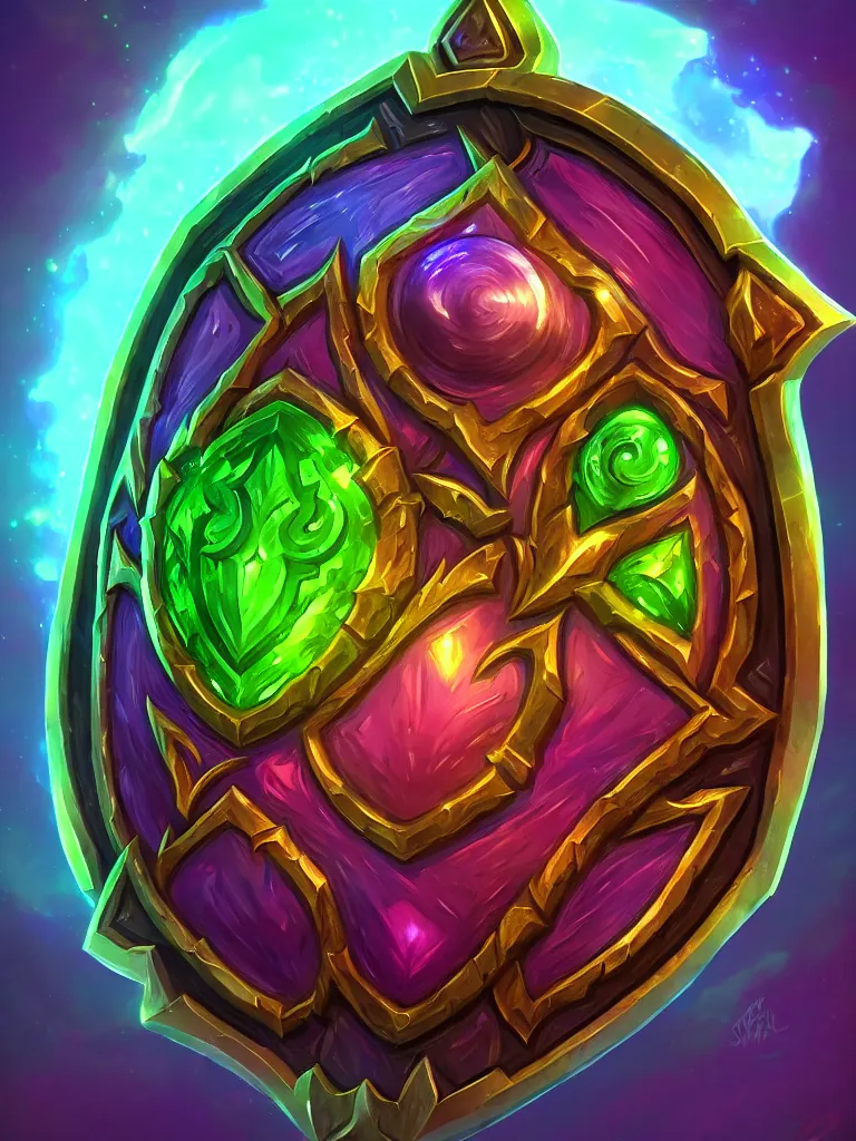Image similar to square bright shield of warcraft blizzard shield art, a spiral colorful gems shield. bright art masterpiece artstation. tree and roots shield, 8 k, sharp high quality illustration in style of jose daniel cabrera pena and leonid kozienko, green colored theme, concept art by tooth wu, card frame