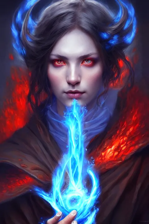 Prompt: Front portrait of mage hold a blue fire on right hand and red fire on the left hand, fine art, awesome fantasy book cover on Pinterest, award winning, dark fantasy landscape, fantasy magic, intricate, elegant, sharp focus, highly detailed, digital painting, concept art, art by WLOP and Artgerm and Greg Rutkowski, masterpiece, trending on artstation