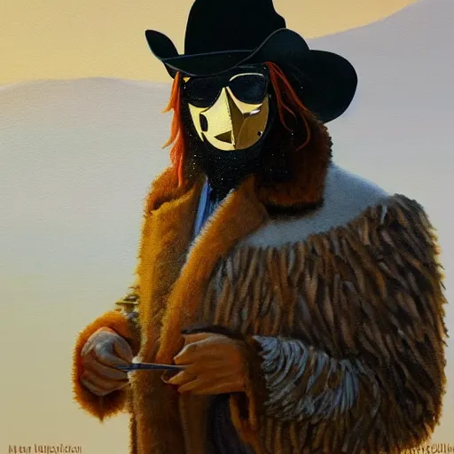 Prompt: a beautiful painting of Orville Peck wearing a fringed mask and cowboy hat, snowy background, golden hour, by Mark Maggiori, realistic, artstation