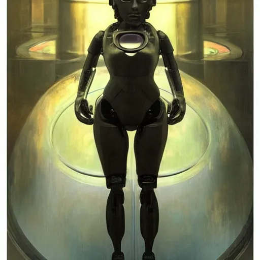 Image similar to hyperrealist portrait of a pretty young female robot with large eyes standing in front of a computer simulation by jeremy mann and alphonse mucha, fantasy art, photo realistic, dynamic lighting, artstation, poster, volumetric lighting, very detailed faces, award winning