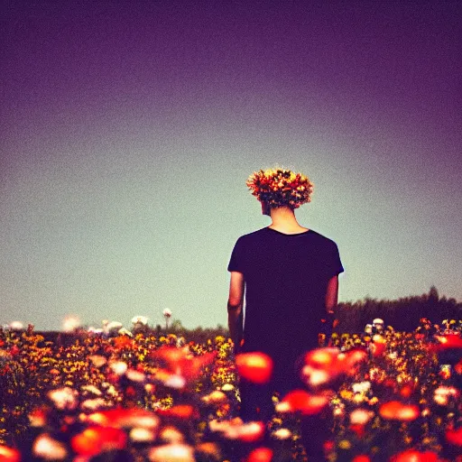 Prompt: kodak colorplus 2 0 0 photograph of a skinny blonde guy standing in a field of flowers, flower crown, back view, grain, moody lighting, telephoto, 9 0 s vibe, blurry background, vaporwave colors!, faded!,