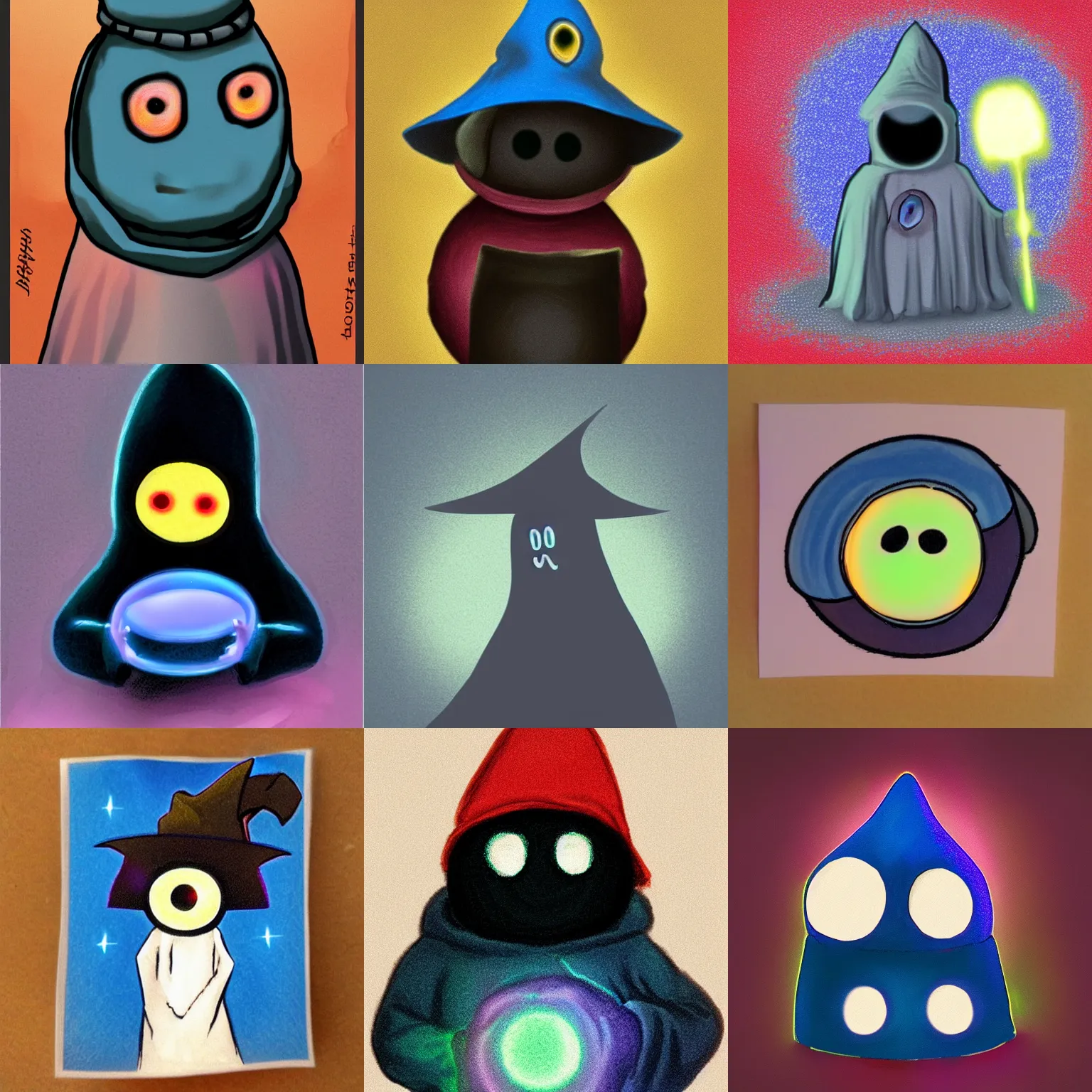 Prompt: tiny cute wizard cartoon glowing eyes big hat no face pastel